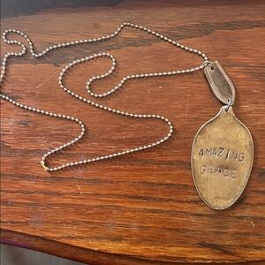 VINTAGE FLATTENED SPOON NECKLACE WITH AMAZING GRACE STAMPED ON IT